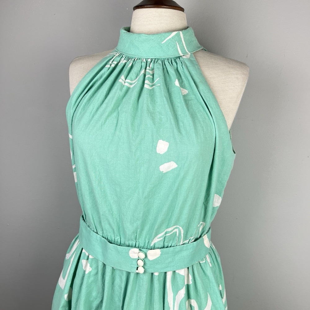 Vintage 80s Lanz Originals Halter Dress Womens 14 Aqua Green Belted Cotton - Picture 2 of 9